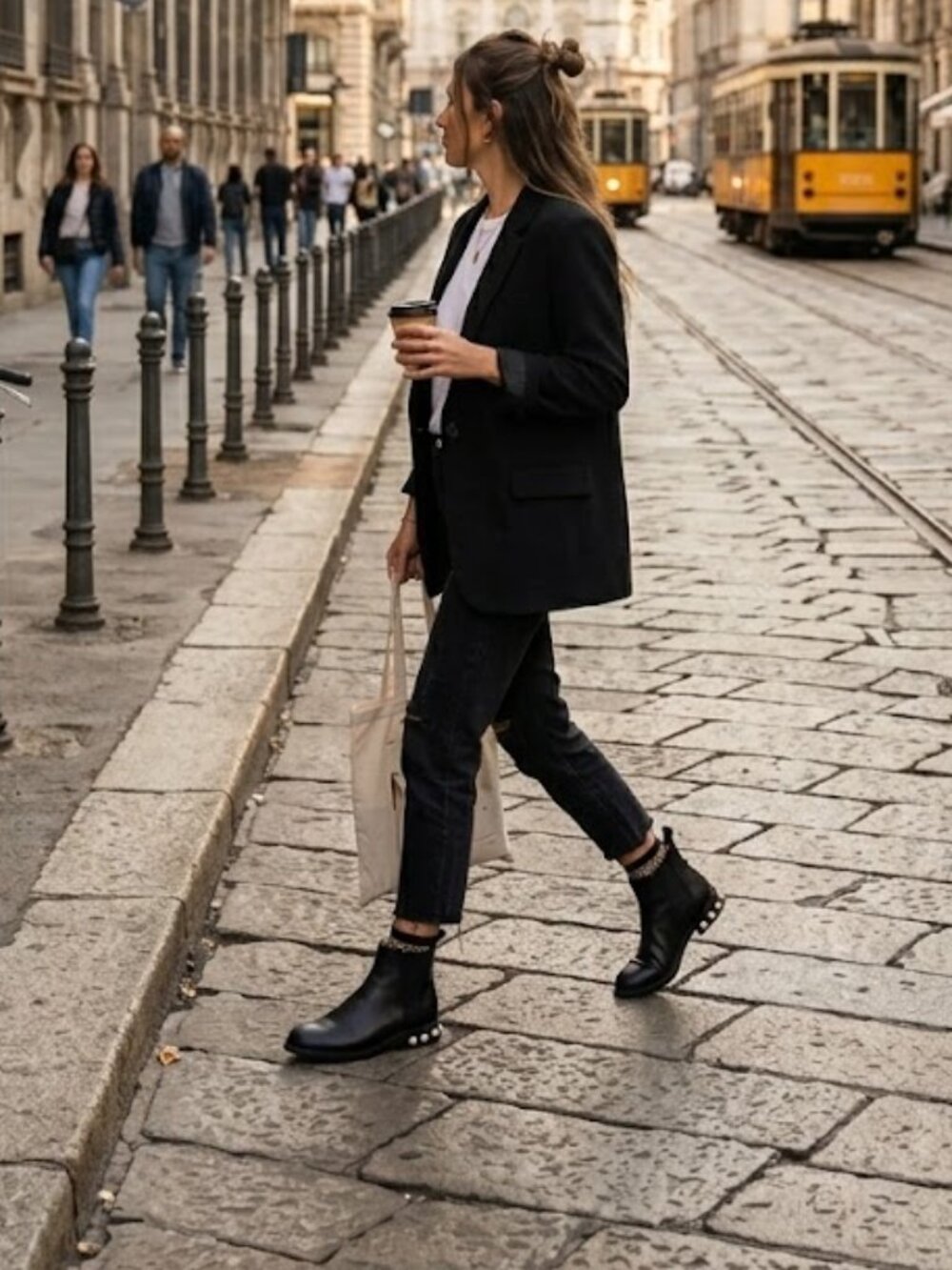 Louise et Cie Black Leather Chelsea Booties with Pearl Heel Detail